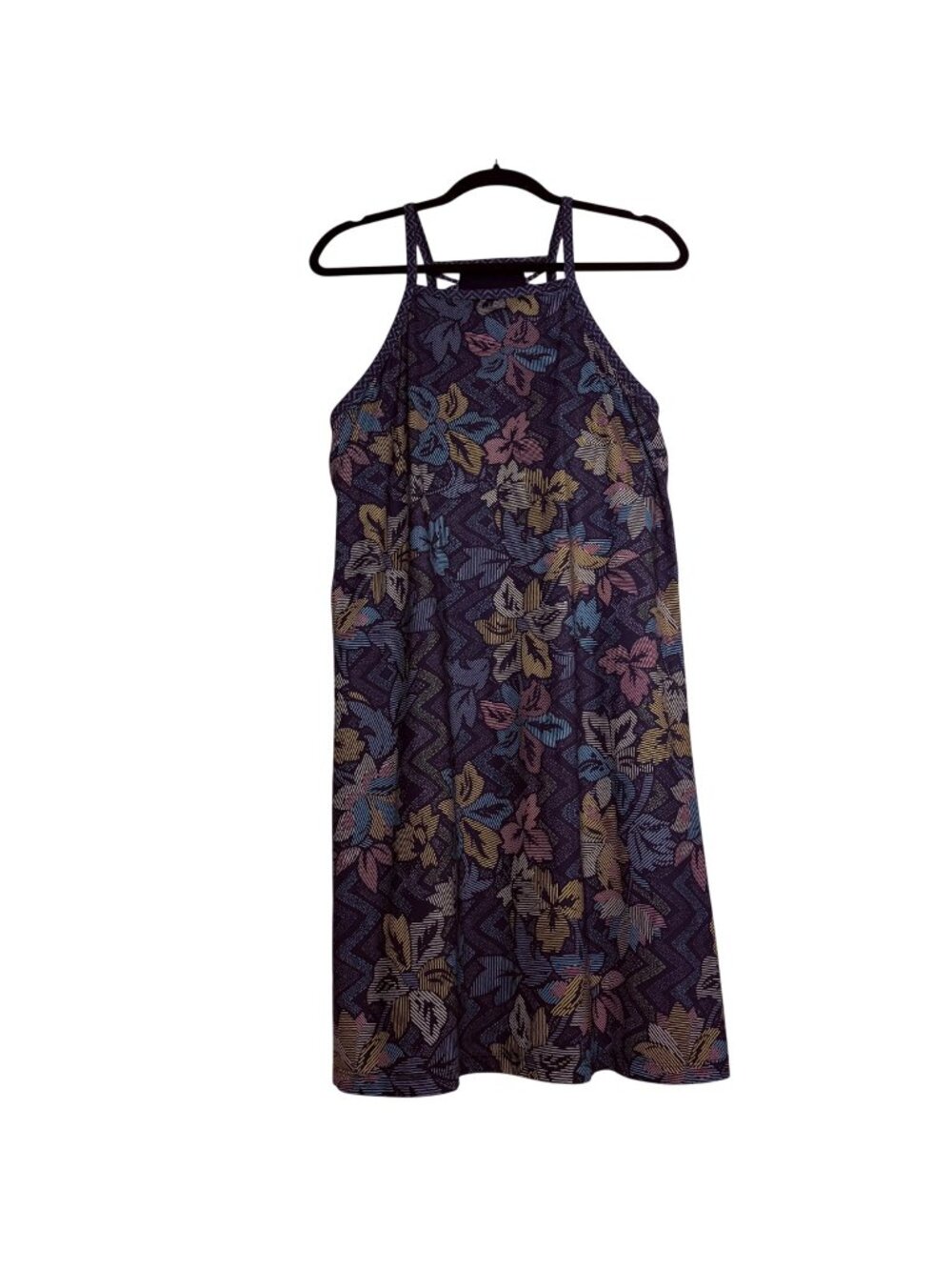PrAna Floral Pattern Halter Dress With Open Back & Strappy Details Sz XL